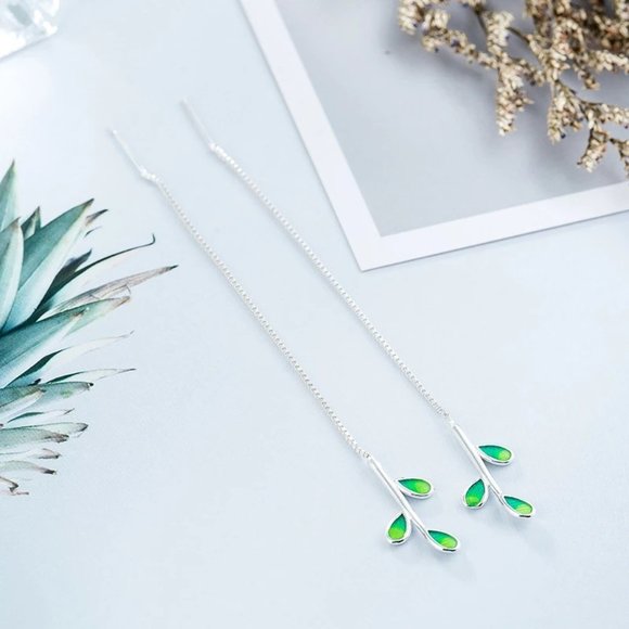 New Silver-Tone and Green Leaf Threader Earrings - Picture 5 of 7
